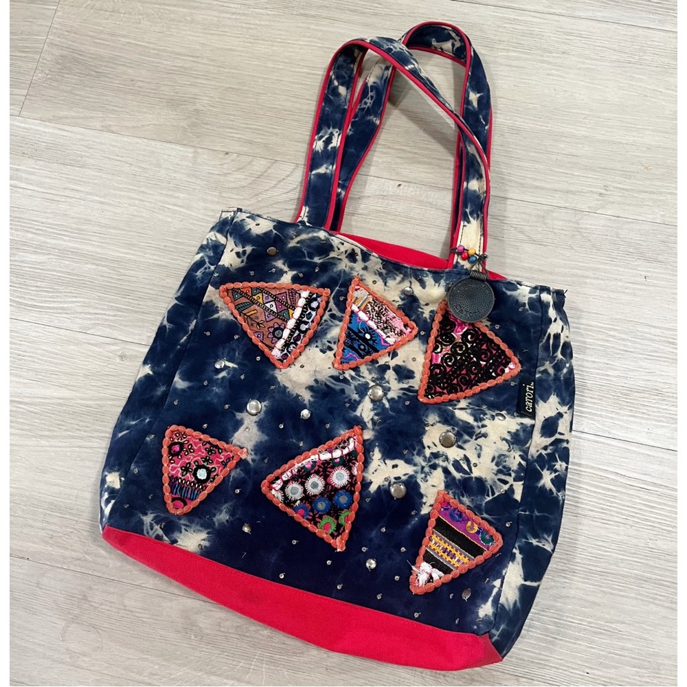 Catori Embroidered Red Blue Dye Tote Bag